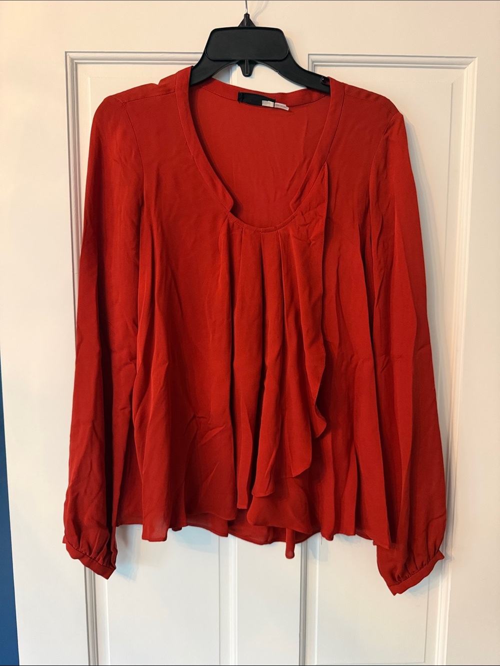 Women’s Brick Red Long-Sleeve V-Neck Ruffle Blouse